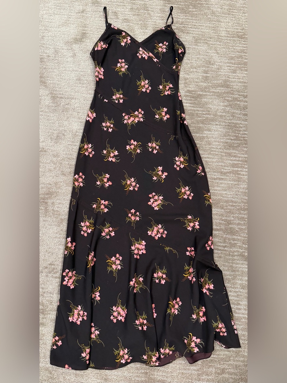 Zara Women’s Chocolate Brown Floral Maxi Dress with Pink Blossoms